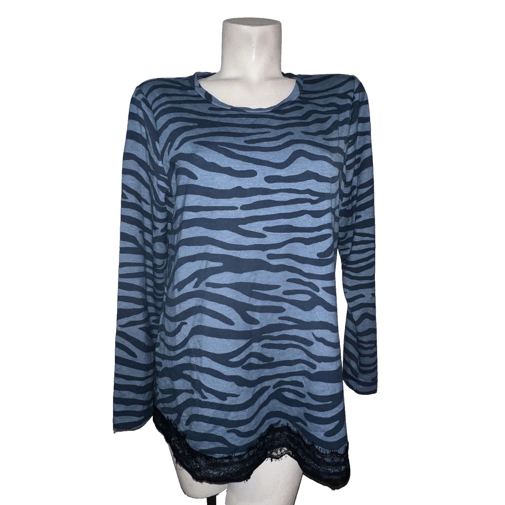 Logo Lounge Lori Goldstein Zebra Print Lace Trim Top Blue Black Womens Large L